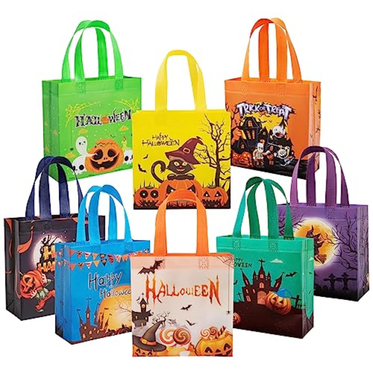 8 Pack Halloween Bags Trick or Treat Bags, Reusable Non-Woven Halloween Tote Bags with Handles - Ideal Gift Bags for Halloween, Halloween Supplies, Trick or Treat Halloween Party Favor Bags